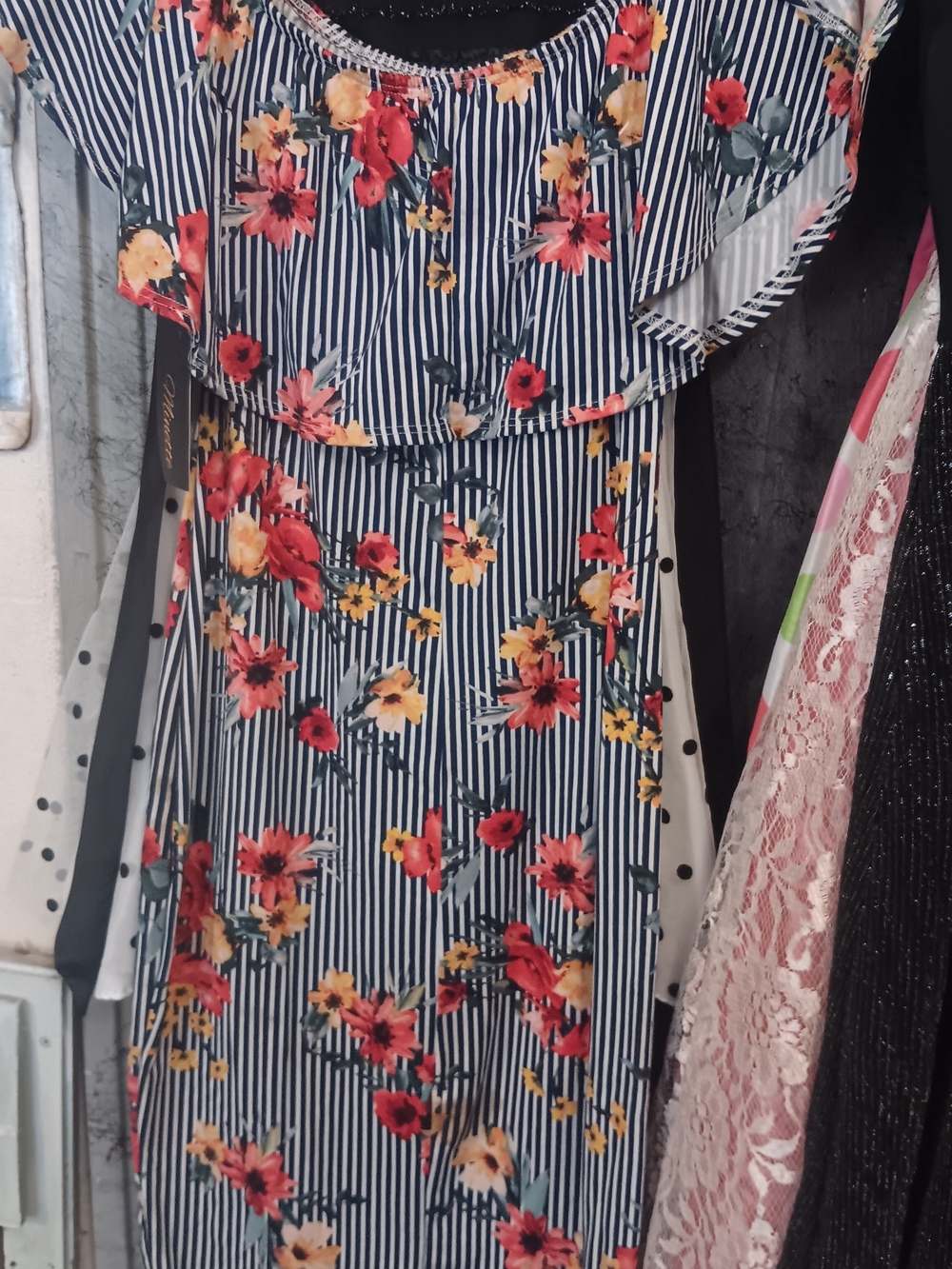 Striped Off-Shoulder Floral Midi Dress - Navy with Red & Yellow Flowers